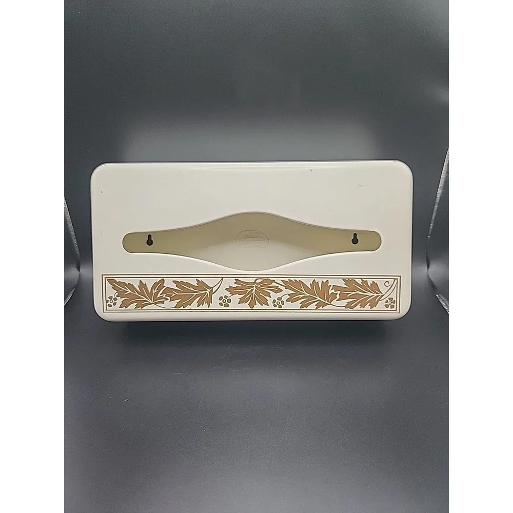 Vintage Ransburg Metal Tissue Box Holder White W/ Gold Leaf Design Mountable